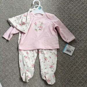 Little Me Pink Floral Embroidered Baby Set with Hat 6mo NWT